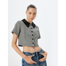 Koton Tüvit Gömlek Ceket Düğmeli Klasik Yaka Kısa Kollu Slim Fit Siyah Ekose 5wal60032ıw Siyah