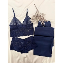 Mh Moony Homewears 3'lü Degas Lacivert Dantel Üst Saten Alt Pijama Takımı Lacivert