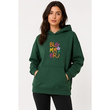 Herkesemoda Blommer Baskılı Kapüşonlu 2 İplik Şardonlu Sweatshirt Yeşil