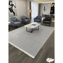 Konak Halı Modern Salon Halısı Açık Gri Emboss Kabartmalı Saçaklı Kaymaz Taban Açık Gri
