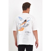 Erkek Kısa Kol Tişört Bisiklet Yaka Melek Baskılı Oversize T-shirt - Beyaz