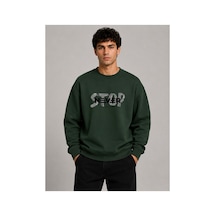 Herkesemoda Stop Never Detaylı Bisiklet Yaka Şardonlu 2 İplik Sweatshirt Yeşil