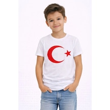 Barlashive Erkek Çocuk Tişört Bisiklet Yaka Ay Yıldız Bayrak Baskılı T-shirt - Beyaz Çok Renkli