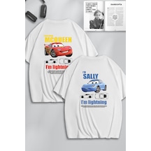 Unisex Kadın Erkek Şimşek Mcqueen & Sally Sırt Baskılı Sevgili Çift Kombini Tasarım Oversize Tshirt Beyaz Mck0473 Beyaz