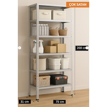 6 Katlı Galvaniz Çelik Raf - Depo, Arşiv, Kiler, Dosya, Market Rafı 31x75 Cm-200 Cm-0.70 Mm Gri