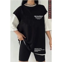 Startmore Siyah Oversize Çift Renk Happiest Yazı Baskılı Unisex Tshirt Beyaz