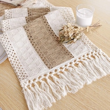 Boho Masa Örtüsü - 250 Cm Uzunluğunda, Krem Ve Kahverengi Rustik Makrome, Bohem Yemek Ve Yatak Odası Dekoru, Gelin Çok Renkli