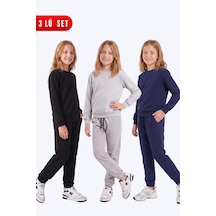 Fyk Kids Kız Çocuk 3'lü Düz Bisiklet Yaka Çift Cepli Eşofman Takımı Siyah-gri-lacivert