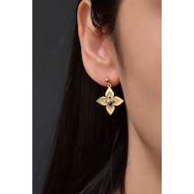 925 Ayar Gümüş Gold-Rodyum Kaplama Lilyum Çiçeği Çivili Top Sallantılı Küpe UVPTS300478