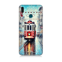 Huawei Y9 2019 Uyumlu Yağmurlu Sokakta Kırmızı Tramvay Desenli Silikon Kılıf Çok Renkli