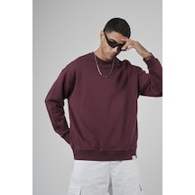 Bisiklet Yaka Logolu Oversize Kalıp Erkek Sweatshirt Bordo