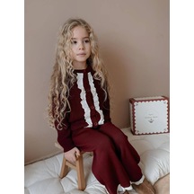 Miniko Kids Kız Çocuk Hırkalı Güpürlü Düğmeli Triko Takım Bordo
