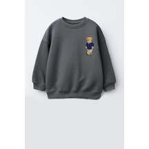 Monila Unisex Çocuk Ayıcık Baskılı 3 İplik Pamuklu Kumaş Sweatshirt Antrasit