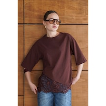 Verymoda Dantel Detaylı Asimetrik Tişört D2953 Kahve