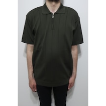 Santa Dmctekstil Erkek 2500 Çizgili Spor Kesim Rahat Kalıp Polo Yaka Battal Triko T-shirt Haki