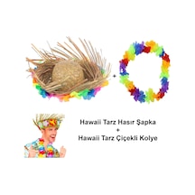 Hawaii Tarzı Tropikal Çiçekli Hasır Şapka Ve Çiçekli Hawaii Kolye Sarı