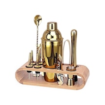 Ahşap Standlı 12 Parça Çelik 750 Ml Shaker Bar Tokmağı Jigger Seti Barmen Seti Tek Renk