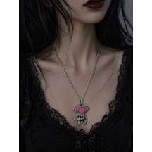 Gotik Kalp Kanatlı İskelet El Kolye Pembe Detaylı Unisex Metal Zincir Çok renkli