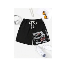 Tarzsokak Coolane Letter Graphic Drawstring Waist Şort Siyah