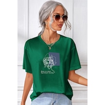 Unisex Minimal Line Drawing Baskılı Tasarım T-shirt Yeşil