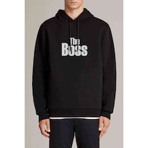 The Boss Baskılı Siyah Erkek Örme Kapşonlu Sweatshirt