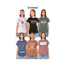 Kadın Penye Baskılı 6'lı Paket T-shirt Çok Renkli