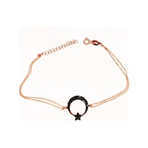 Oriental Kuyumculuk Jewellery Siyah Taşlı Ay Yıldız Rose Gümüş Bileklik Rose