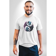 Renkli Yin İle Yang Kuramı Unisex Unisex Beyaz Organik Baskılı T-shirt Penye Yüksek Kalite Beyaz