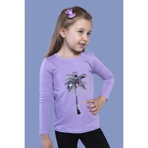 Toontoy Kids Toontoy Kız Çocuk Palmiye Baskılı Pul İşlemeli Tişört Lila
