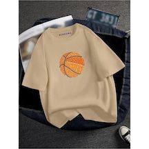 Oversıze Basketbol Topu Baskılı Unısex Tisort Baskılı Bej