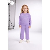 Lumino Kız Çocuk Taşlı Fiyonk Takım Lila Sweat & Pantolon 3-8 Yaş Lila