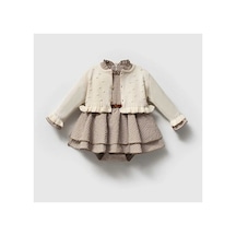 Ministok Amour Alttan Çıtçıtlı Kız Bebek Elbise Ve Hırka Takım Kahverengi