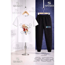 Ss Sinser Çocuk Anıme One Pıece Carpı Baskılı Tişort Eşofman Takımı Beyaz - Siyah