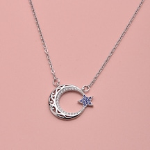 Mavi Zirkon Taşlı Ay Yıldız Kadın Kolye Çelik Takı Aksesuar Gri Mavi Zirkon Taşlı Ay Yıldız Kadın Kolye Çelik Takı Aksesuar Gri