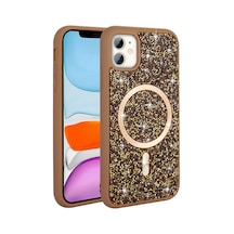 Apple Uyumlu iPhone 11 Kılıf Pırlanta Tasarımlı M-safe Şarj Özellikli Mozaik Silikon Kapak Desert Titanyum