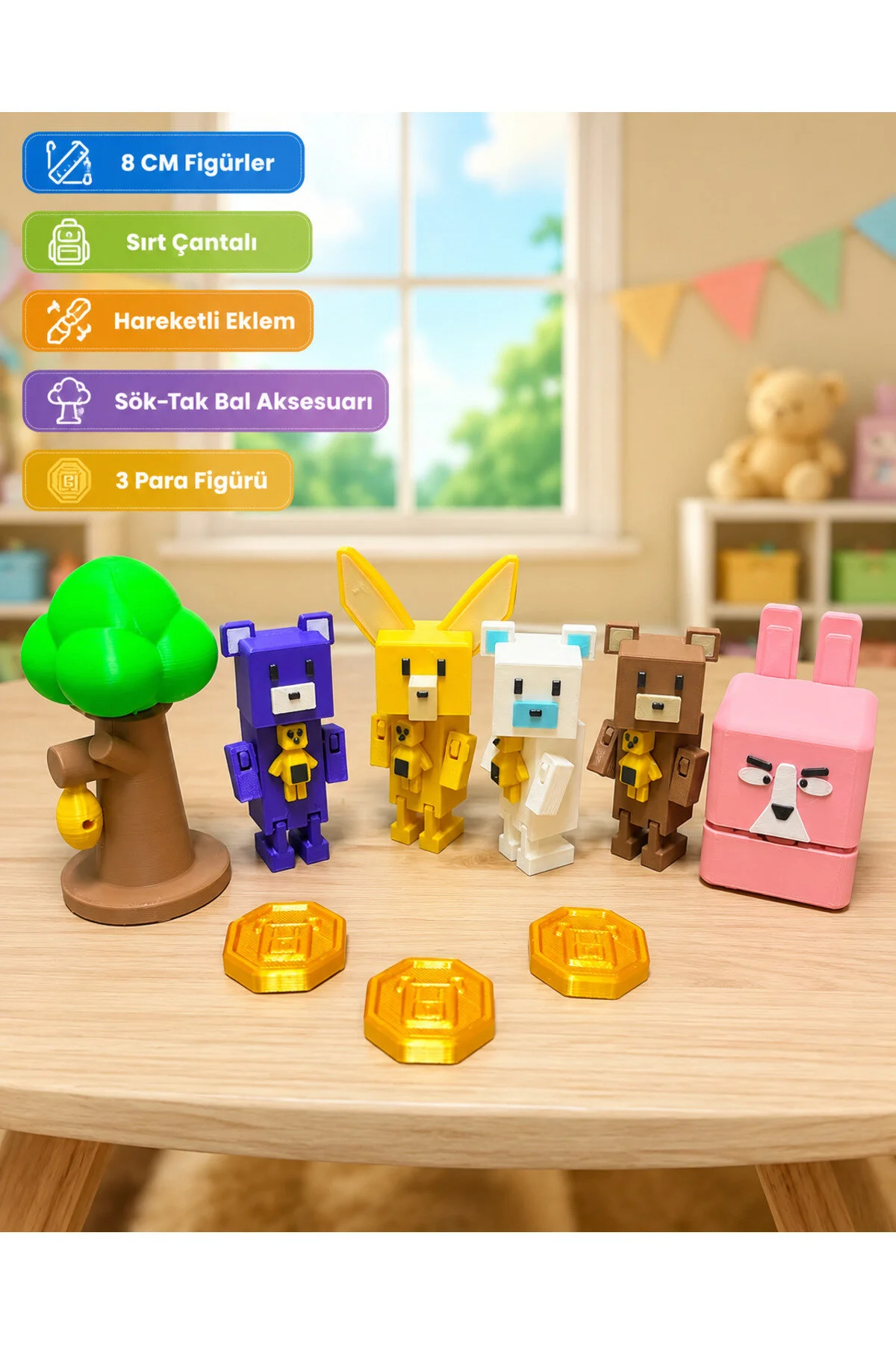 Super Bear Adventure Midi Oyun Ve Diorama Set 9 Parça 5 Figür + 1 Ağaç + 3 Coin 9 Parça Set