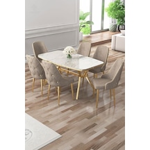 Canisa Asel Serisi 90x160 Lak Panel Beyaz Mermer Desen Gold Ayaklı Masa Takımı Ve 6 Cappucino Sandalye Beyaz Mermer Desen Masa Sandalyeler Cappucino