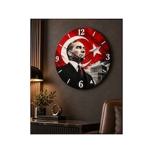 Atatürk Temalı 45 Cm Ahşap Sessiz Akar Mekanizmalı Uv Baskılı Dekoratif Duvar Saati Hediyelik 1098 Çok Renkli