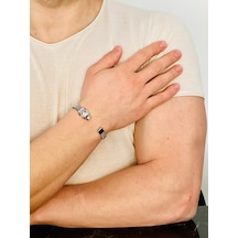 Erkek Kaplan Başlı Gümüş Bileklik Garnet Gözlü Safir Detaylı Çeli