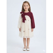 Xo Kids Bordo Kollu Fiyonk Detaylı Çiçek İşlemeli Tüllü Kız Çocuk Elbise 4-10 Yaş 4419 Ekru