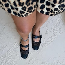 Ne&ve Shoes Siyah File Kadın Kare Burunlu Çapraz Bantlı Günlük Rahat Babet