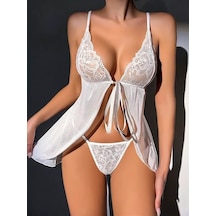 Ang Butik Kadın Beyaz Dantel İşlemeli Önden Bağlamalı Şık Tül Gecelik Siyah