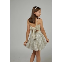 Miço Kids Pul Payet Kız Çocuk Abiye Takım Etek Crop Dore