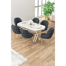 Canisa Zae Serisi 90x168 Lak Panel Beyaz Mermer Desen Gold Ayak Masa Takımı 6 Antrasit Sandalye Masa Beyaz Mermer Ayaklar Gold Sandalye Antrasit