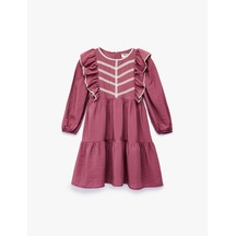 Koton Uzun Kollu Bisiklet Yaka Volanlı Viskon Elbise Bordo 6wkg80032aw Bordo