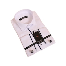 Dicotto Beyaz Lacivert Tek Bieli Damatlık Ata Yaka Kol Düğmeli Slim Fit Smokin Gömlek - 028 001