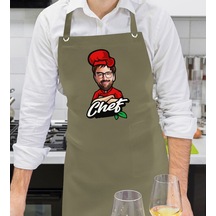 Bk Gift Kişiye Özel Erkek Chef Karikatürlü Profesyonel Haki Yeşil Mutfak Önlüğü, Aşçı Önlüğü, Şef Önlüğü, Arkadaşa -2 Bej