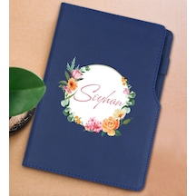 Bk Gift Kişiye Özel Çiçek Tasarımlı Lacivert Termo Deri Not Defteri 15x21cm-10