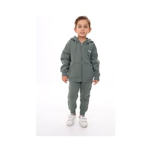 Toontoy Kids Toontoy Erkek Çocuk 2'li Takım Nakış Baskılı Kapüşonlu Fermuarlı Cepli Sweatshirt & Beli Paçası Lastikli Cepli Jogger Eşofman Altı - 3 İplik Şardonlu Yeşil