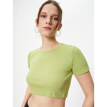 Koton Basic Crop Tişört Ribanalı Kısa Kollu Bisiklet Yaka Slim Fit Haki 4sal10054ık 4SAL10054IK853 Haki